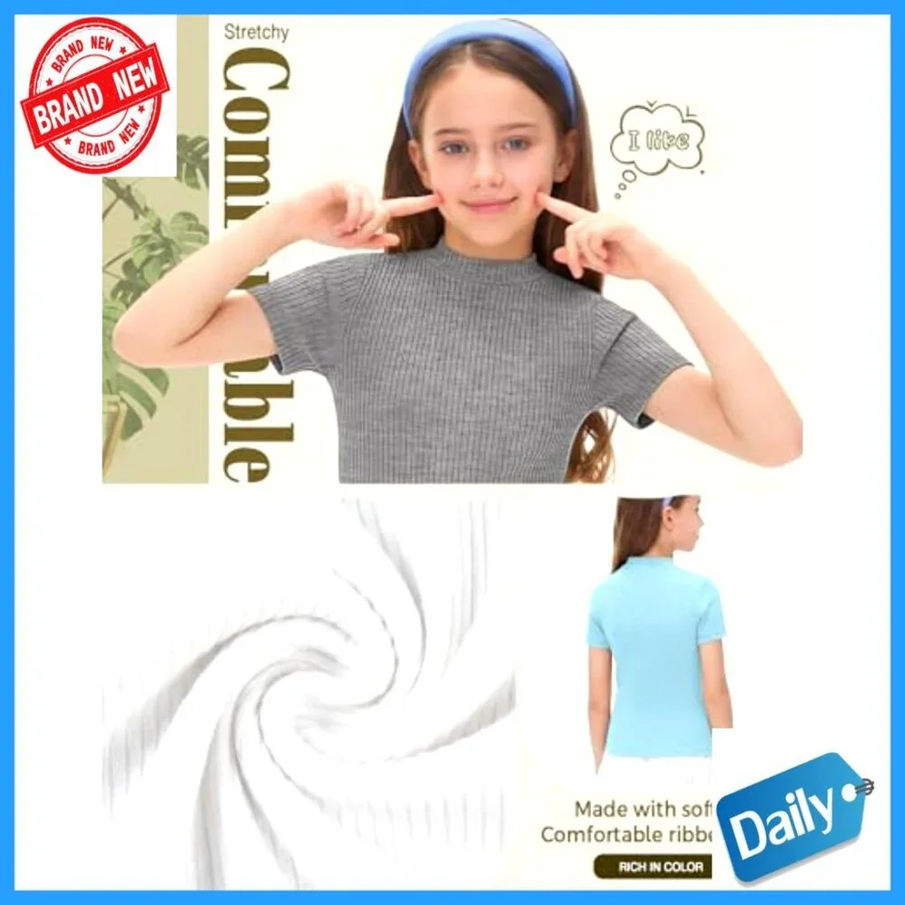 3 Pack Girls Mock Neck Ribbed Tees Slim Fit Short Sleeve Tops